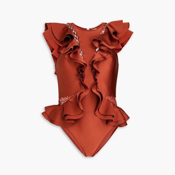 NWT - Zimmermann - Lattice-trimmed Ruffled One Piece Swimsuit - Brick - Picture 3 of 12